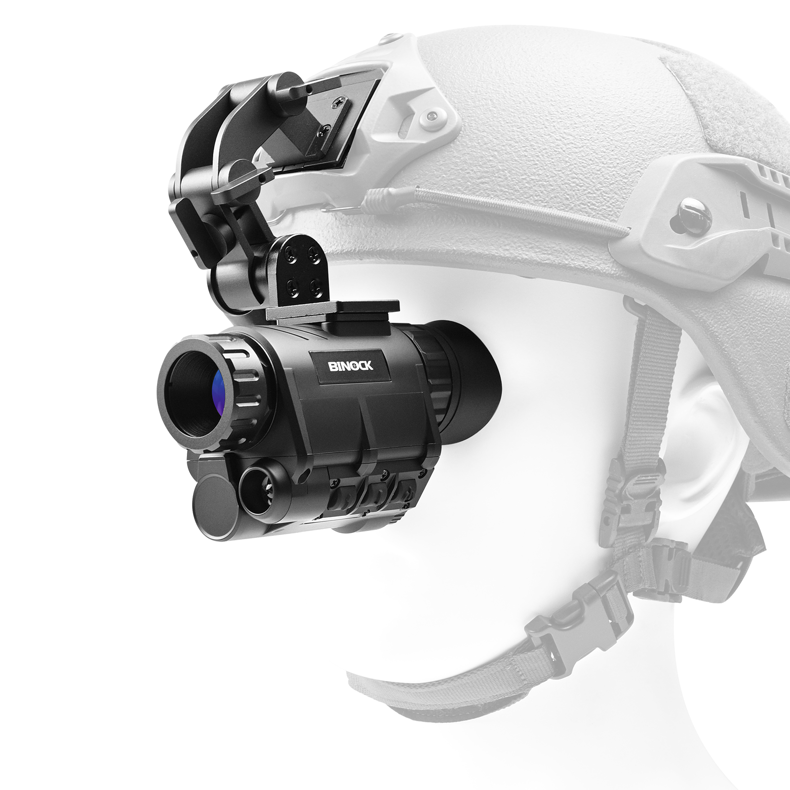 Digitales Nachtsicht-Monokular für die Jagd mit Helm auf weißem Hintergrund